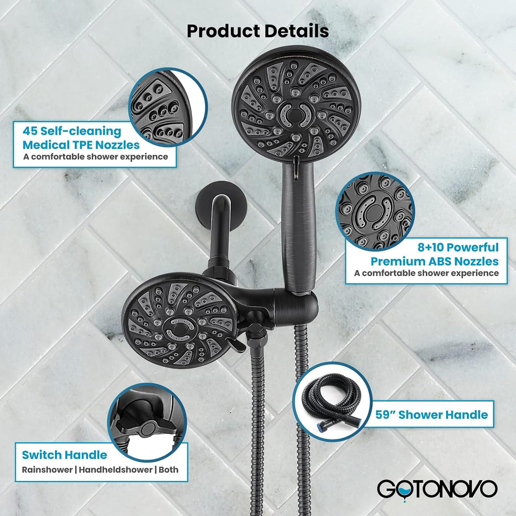 gotonovo Dual 2 in 1 Shower Head Kit High Pressure Combo System Shower Faucet 6 Modes ABS Handheld Spray Shower Trim Kit with Valve Shower Head and Handle Set Oil Rubbed Bronze