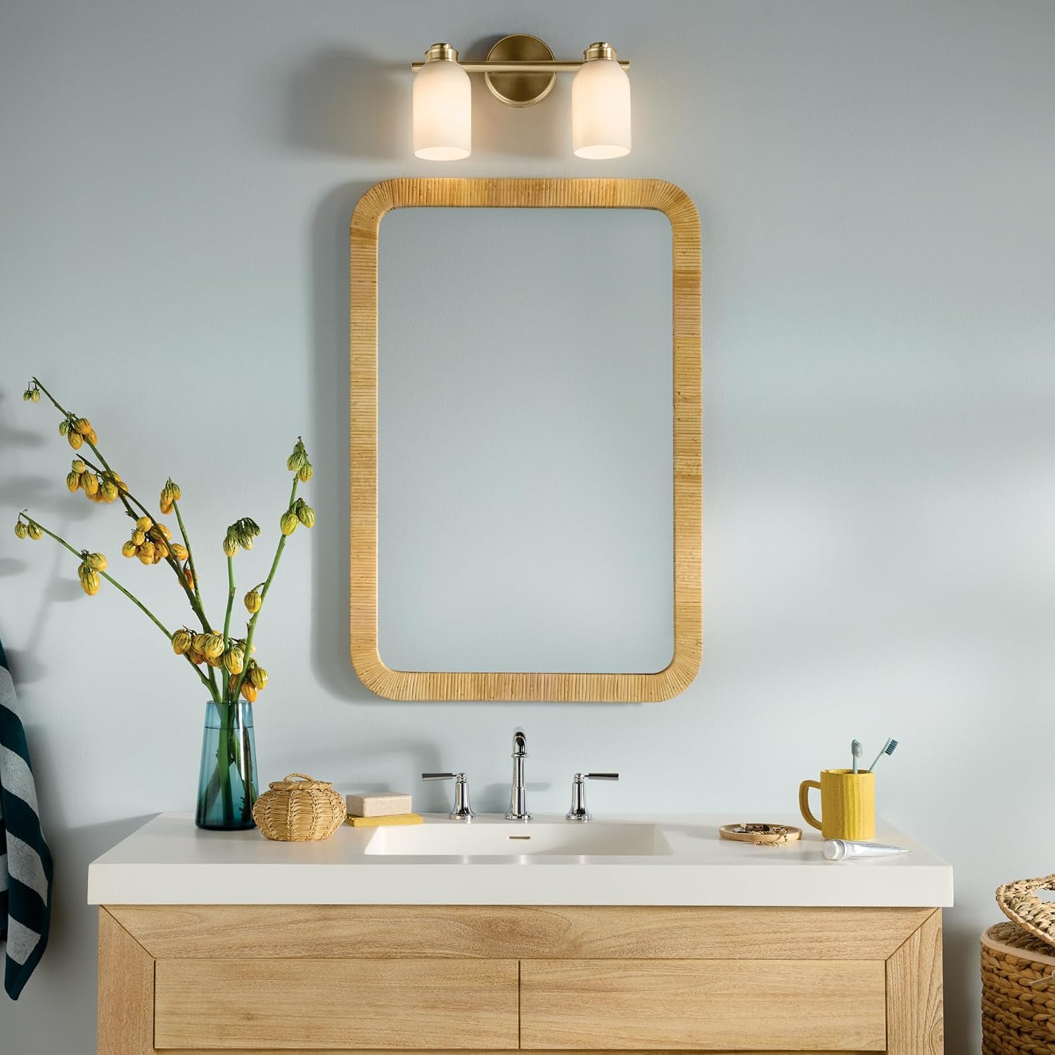Kichler Shae 15' 2-Light Vanity Light Fixture with White Opal Glass in Champagne Bronze for Bathroom Vanity Over Mirror, Modern Coastal Style (15' W x 9' H), 55201CPZ