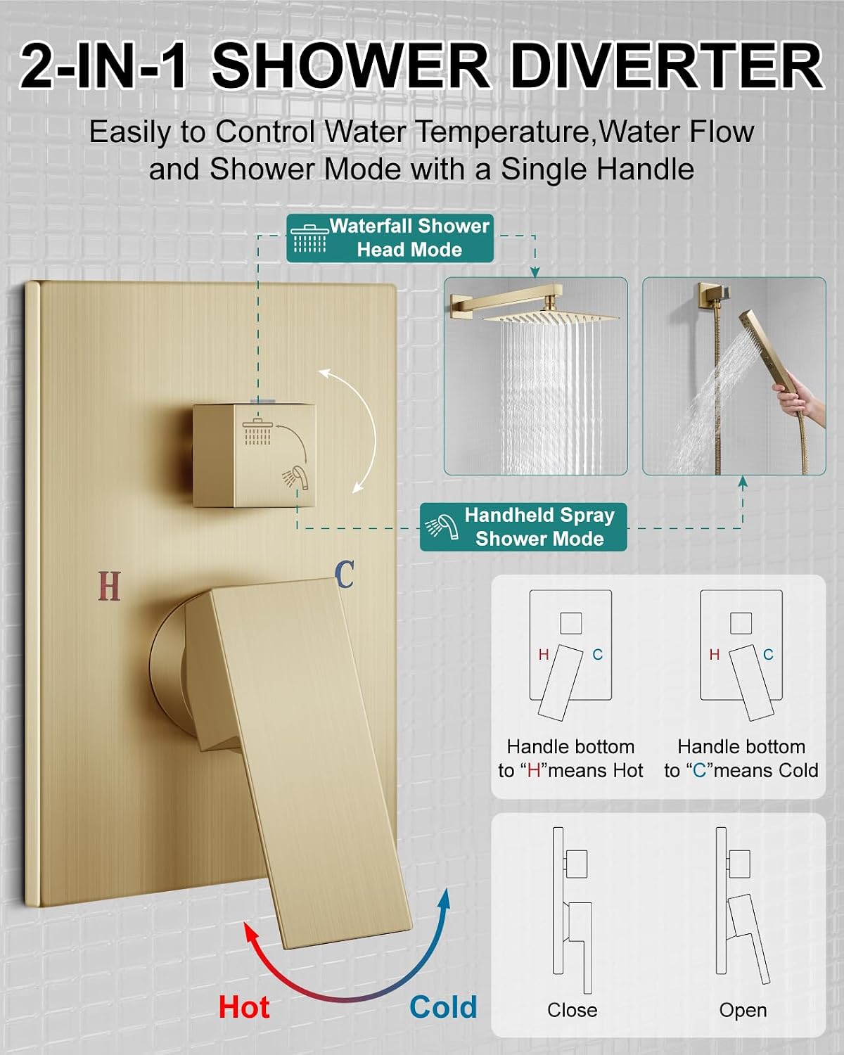 Shower Faucet Set Rainfall Shower System with Square Showerhead and Handle Set Fixture with 2 in 1 Function Handheld Sprayer Wall Mounted Trim Repair Kit Rough-in Valve 8 Inch Brushed Gold