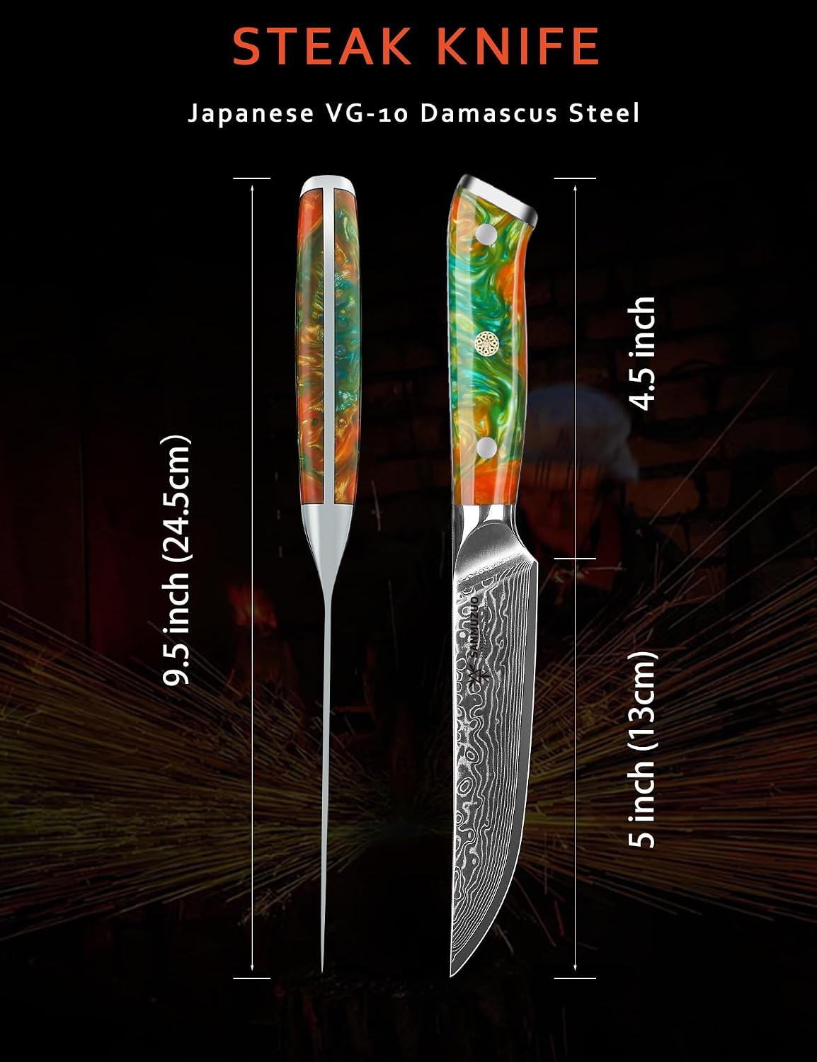 Steak Knives Set of 4, Ultra Sharp Non Serrated Kitchen Steak Knife 5 Inch - Damascus Steel & Resin Handle - Xuan Series(Fantasy Orange)