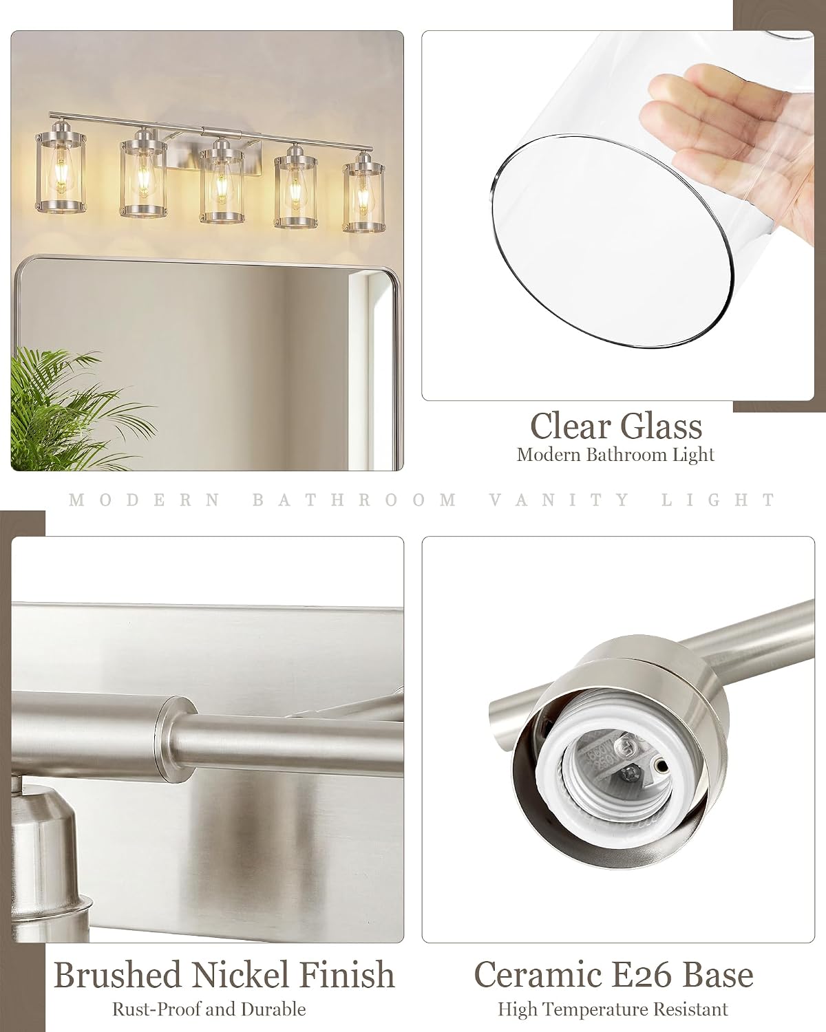 5-Light Brushed Nickel Bathroom Light Fixtures Over Mirror with Clear Glass and Metal Cage Shade, 38' UL-Listed Modern Farmhouse Wall Sconce for Bath, Hardwire E26, OS-3014BN-5W