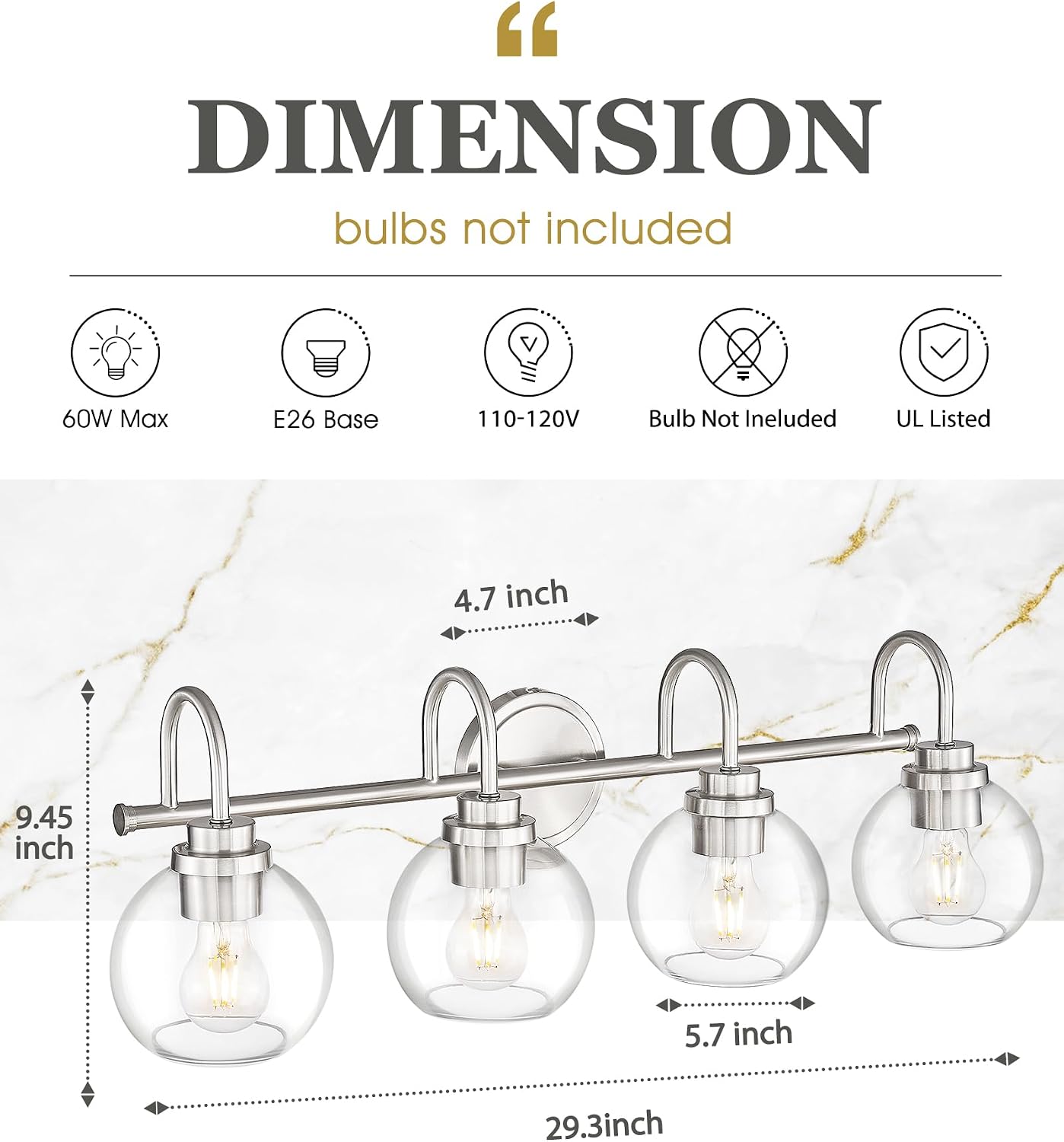Bathroom Light Fixtures, 4-Light Brushed Nickel Vanity Lights Over Mirror with Globe Clear Glass, 30 Inch Modern Vanity Lighting Fixtures, AD-22280-4W-SN
