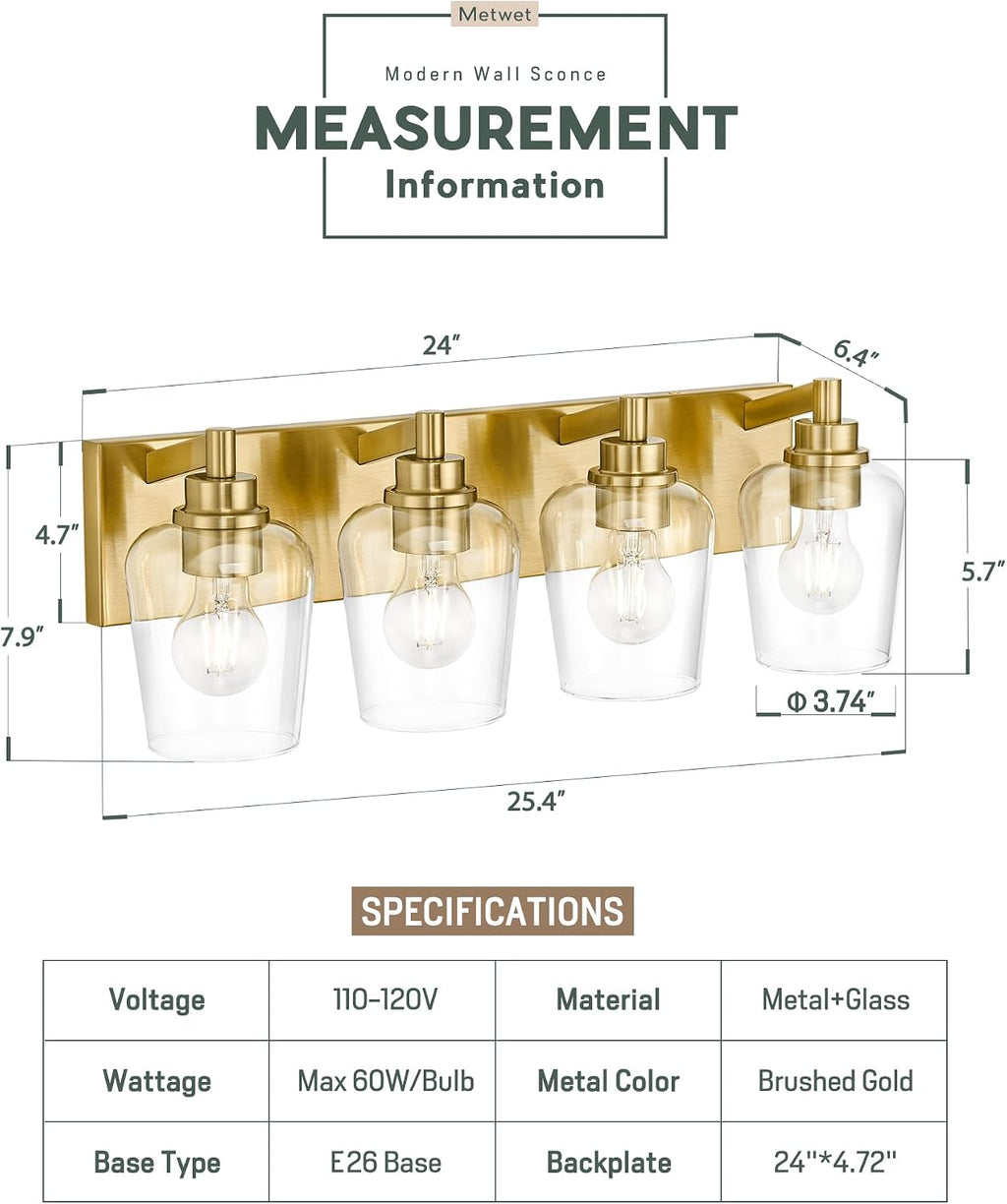Bathroom Light Fixtures, 4-Light Modern Vanity Light with Clear Glass Wine Glass-Shaped Shade, Vanity Lighting Fixtures Over Mirror, Brushed Gold, VL155-BG-4