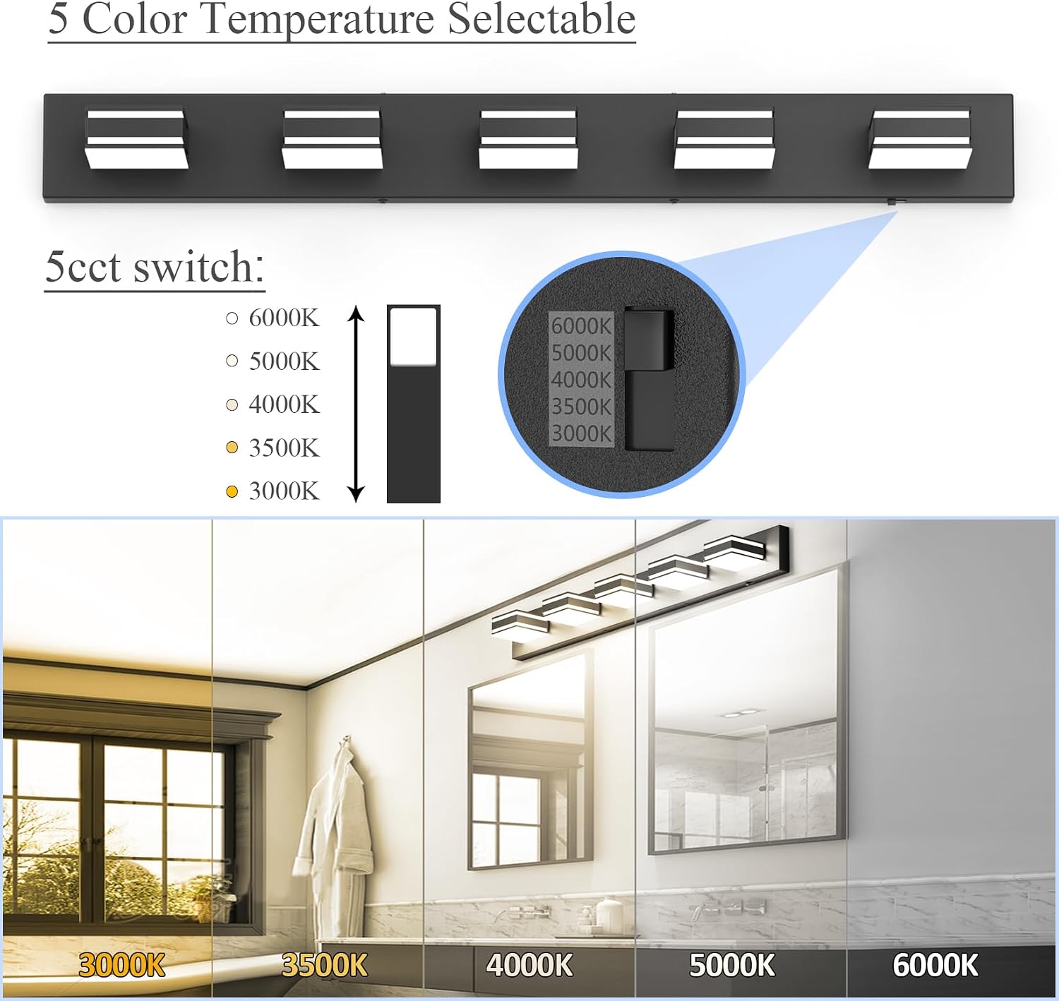 Ralbay 40.5inch Black Vanity Light with 5 Color Temperatures (3000K-6000K) Dimmable Metal Acrylic Modern LED Matte Black Bathroom Lighting Over Mirror (5-Light)