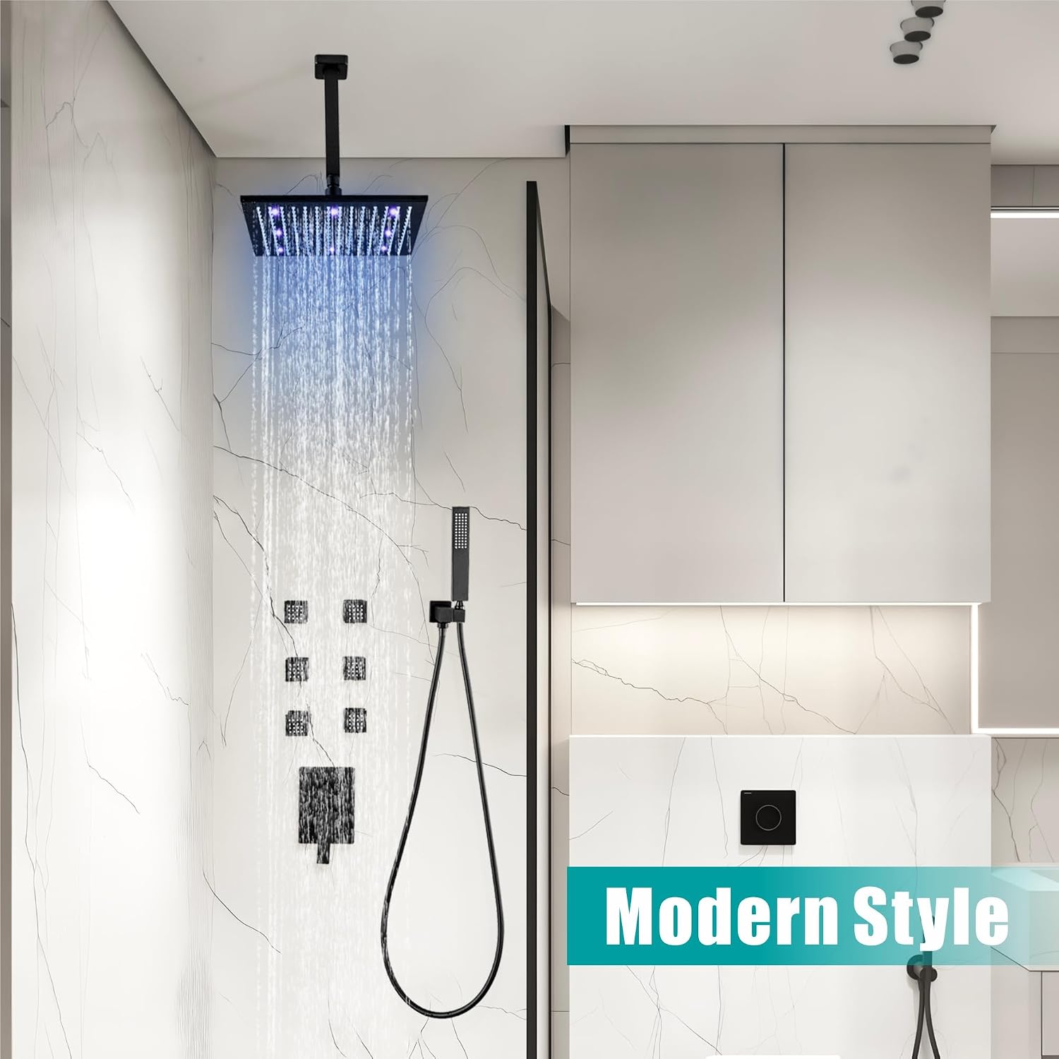 SKOWLL Matte Black Shower Faucet Set, High Pressure Ceiling 12 Inch LED Shower Head with Handheld Bathroom Full Body Shower System Include 6 Body Spray Jet
