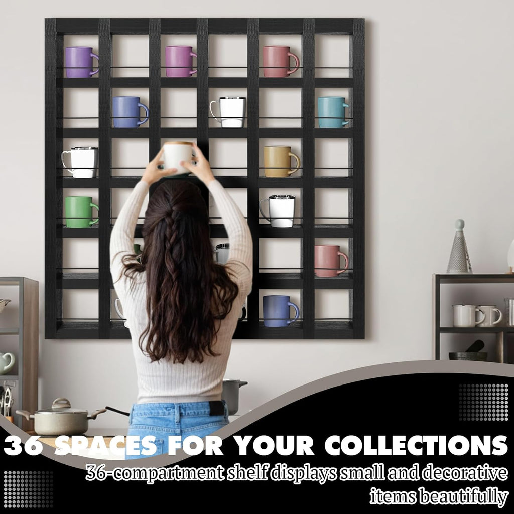 Kigley Oversize Coffee Mug Display Rack Wooden Shelves Rustic Shot Glass Display Case Travel Mug Shelf Wall Mounted Rack Holder Shadow Box (6 x 6,Black)