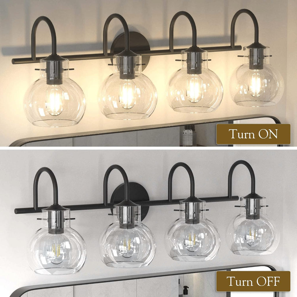 Matte Black Bathroom Vanity Light Fixtures, 4 Light Vanity Lighting Fixtures with Clear Glass Shade, E26 Base, UL Certification (Exclude Bulb)