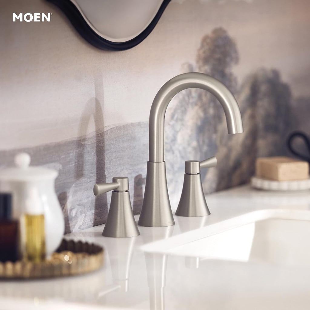 Moen 84023SRN Ronan 2-Handle Widespread Bathroom Faucet, BN | Bathroom sink faucet, widespread 2-handle design, valve included, spot resist finish, modern style