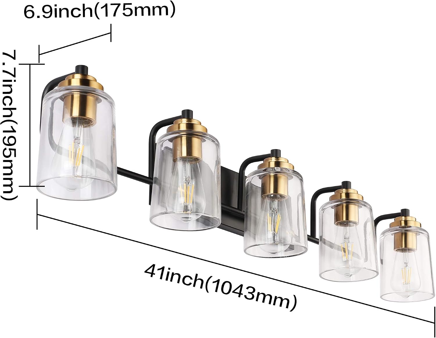 SOLFART Vintage Vanity Lights for Bathroom 5 Light Bathroom Vanity Light Black Metal with Clear Glass Brass Fixtures Wall Mount Lighting Wall Sconce