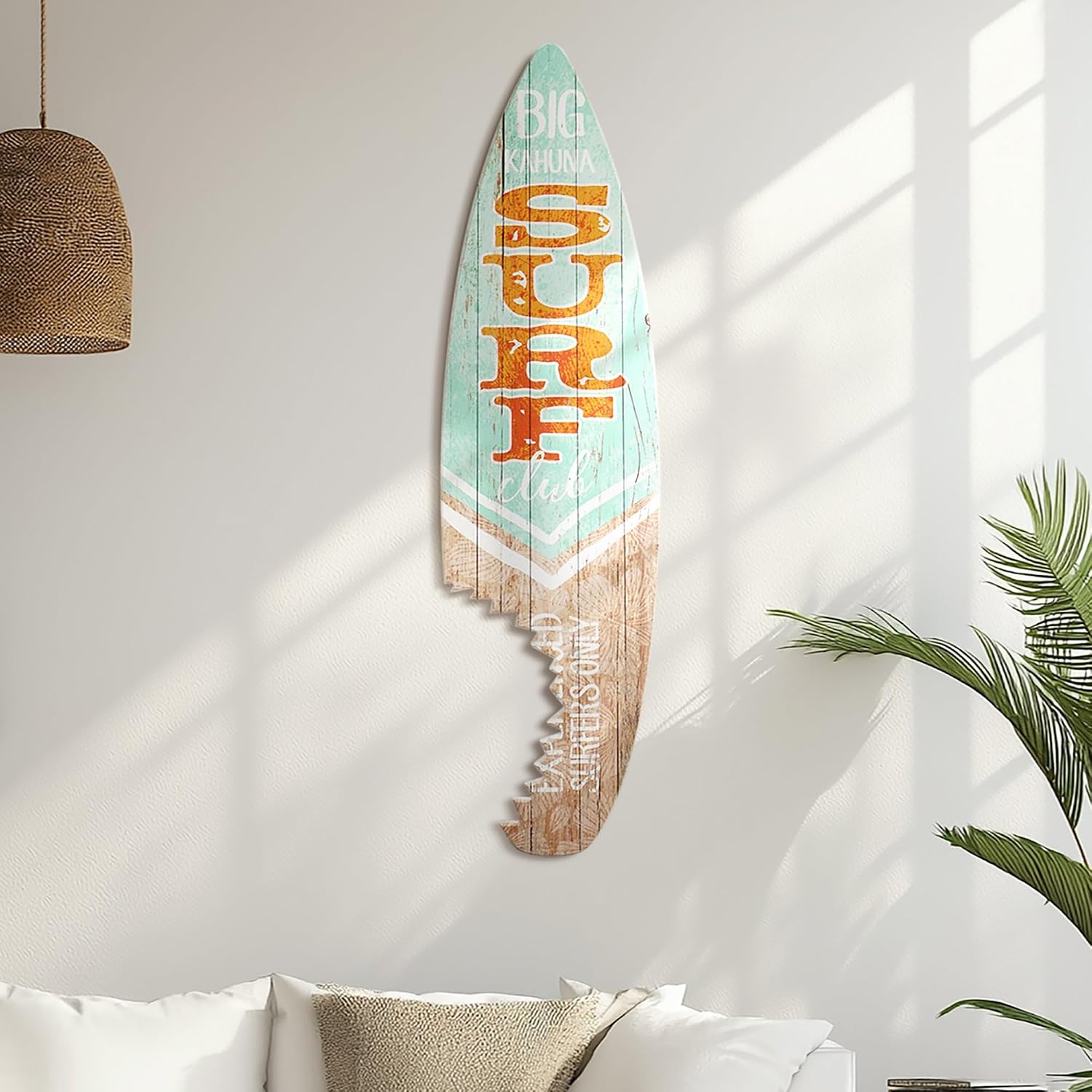 American Art Decor Big Kahuna Surf Club Experienced Surfers Only Shark Bite Surfboard Wall Art Plaque Hawaiian Island Beach Themed Decor Sign for Tiki Bar, Living Room, Garage, Man Cave 60'x15'