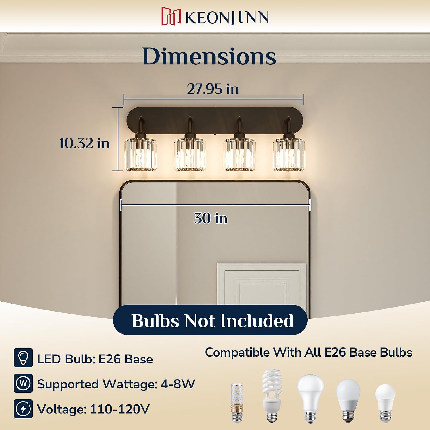 Keonjinn 4-Light Bathroom Light Fixtures, Crystal Black Bathroom Vanity Lights Over Mirror, Vanity Lighting Fixtures with Crystal Square Shades (E26 Socket, Exclude Bulb)
