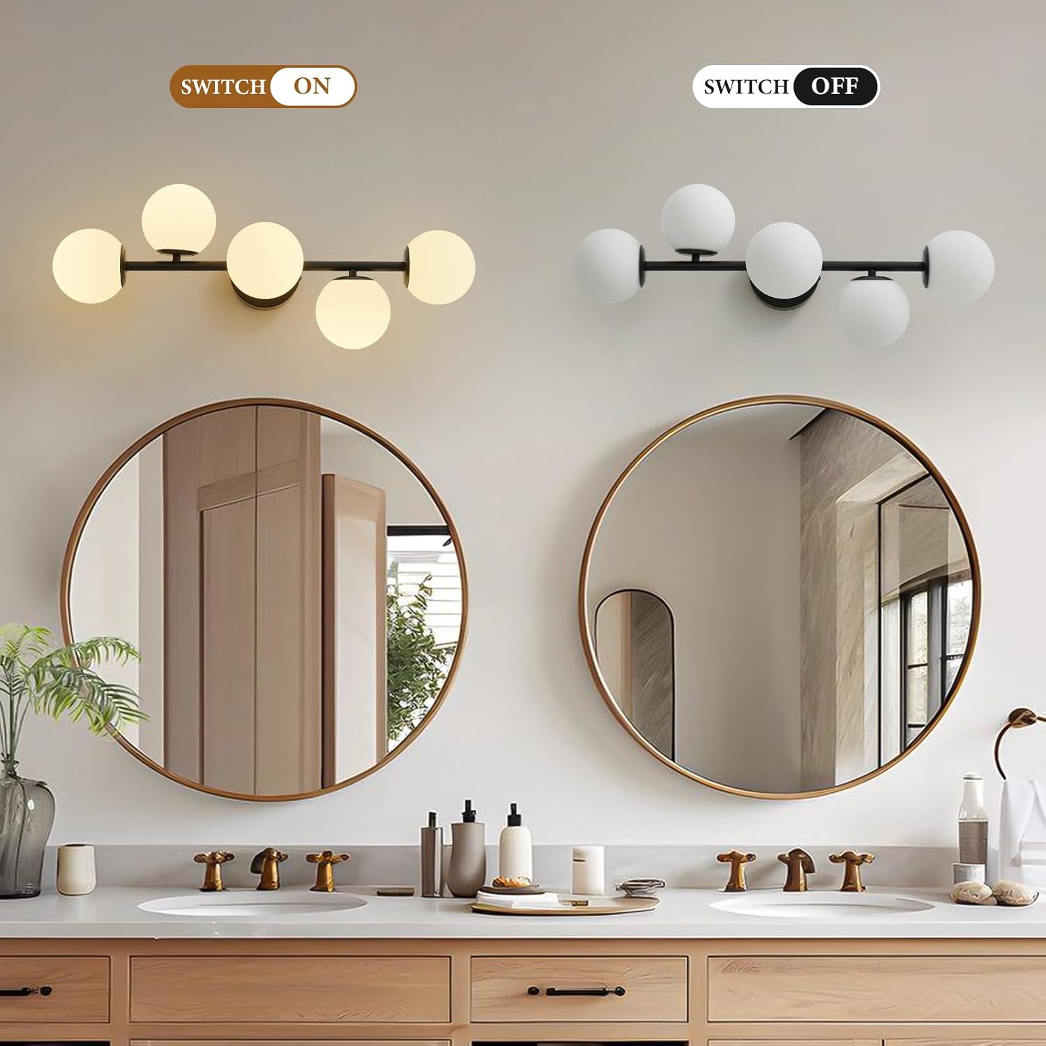 Black LED Bathroom Vanity Light: 5 Lights Mid Century Modern Milk White Glass Globe Vanity Light Fixture over Mirror - Unique Dimmable Hardwired Matte Black Bath Room Makeup Globe Wall Sconce Lighting