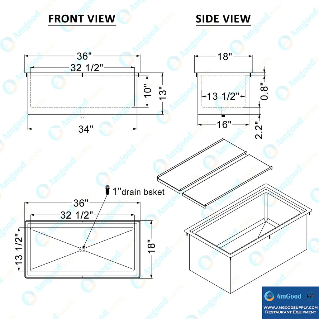 AmGood 18 in. x 36 in. Stainless Steel Drop-In Ice Bin with Sliding Lid