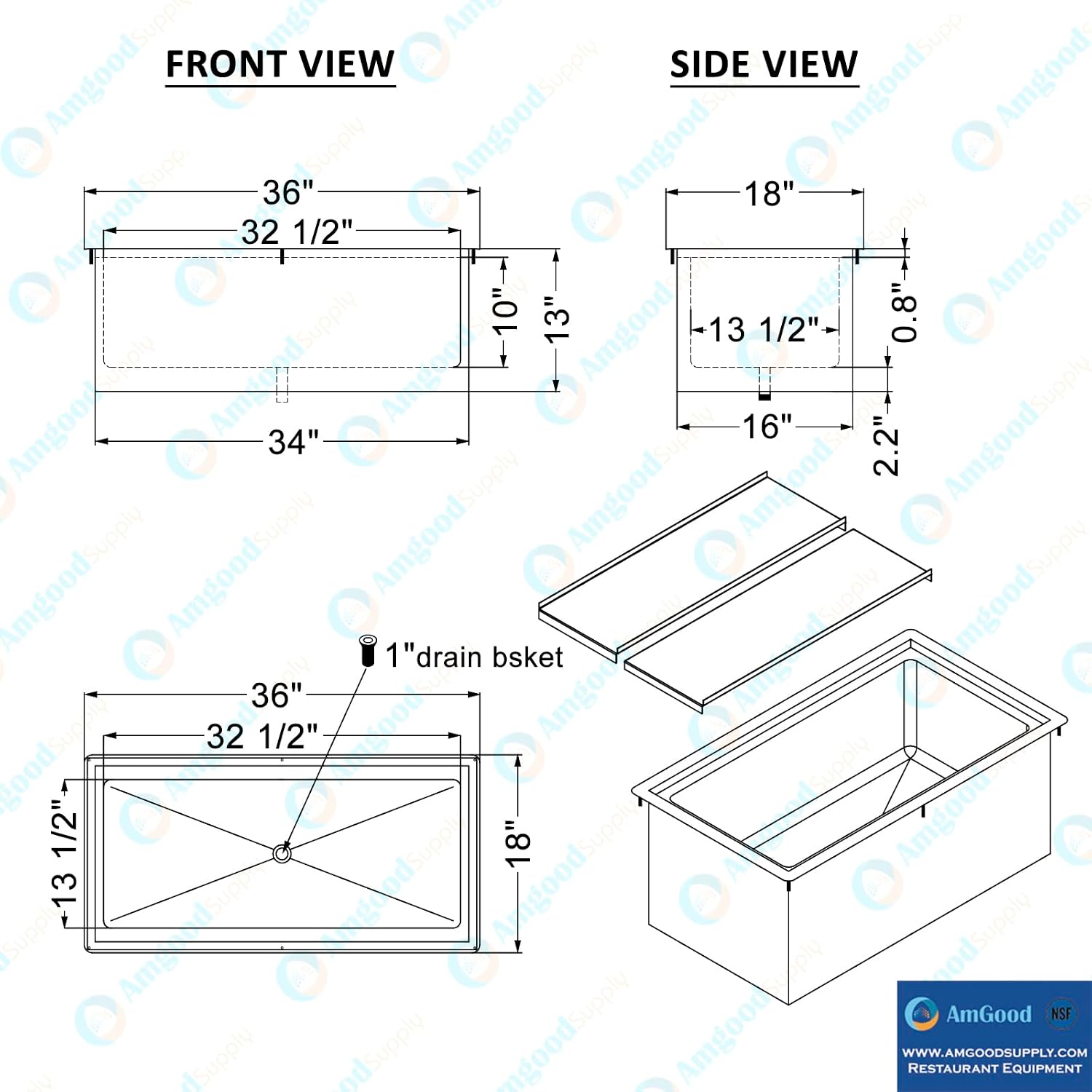 AmGood 18 in. x 36 in. Stainless Steel Drop-In Ice Bin with Sliding Lid