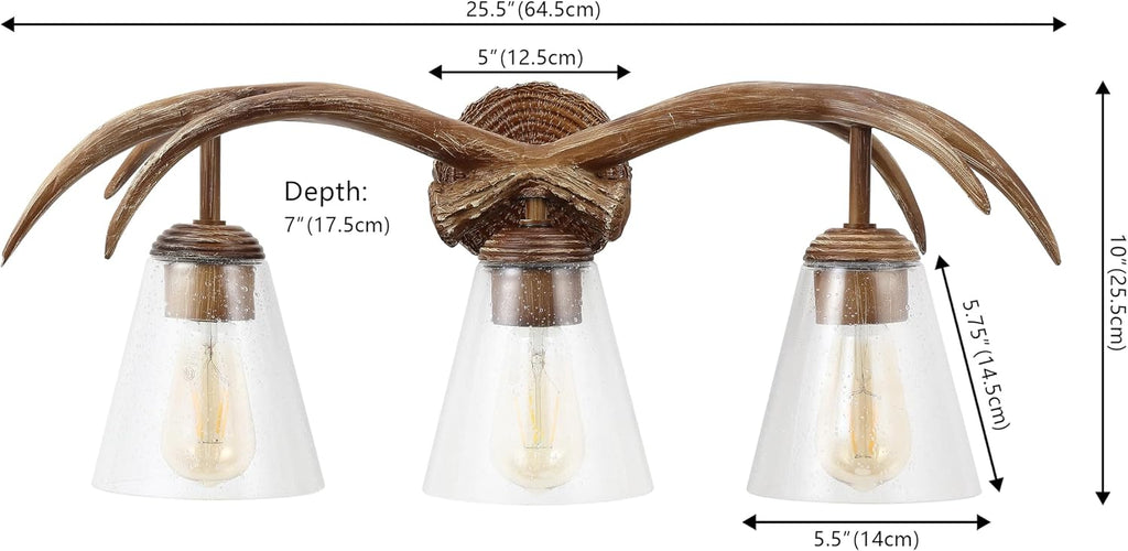 JONATHAN Y 25.5' Brown Wood Finish 3-Light Resin Faux Antler LED Vanity Light, Southwestern Bohemian Wall Sconce with Seeded Glass Shades, UL Listed, LED Bulbs Included JYL6309A