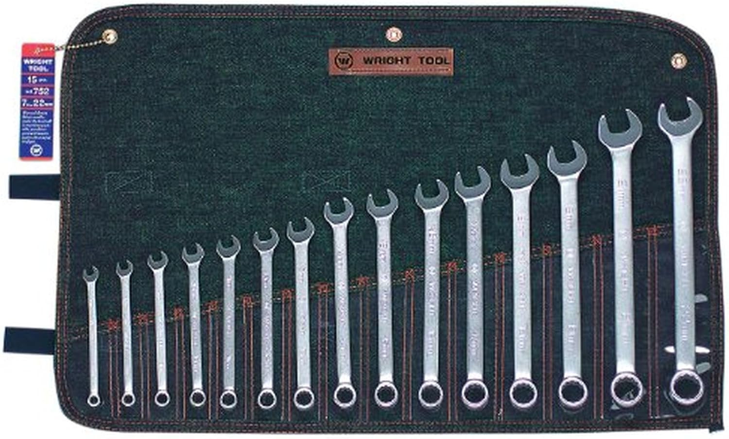 Wright Tool 752 Metric 12-Point Combination Wrench Set, 15-Piece | Sizes 7 mm–22 mm, WrightGrip® 2.0, Satin Finish with Roll Pouch Made in USA