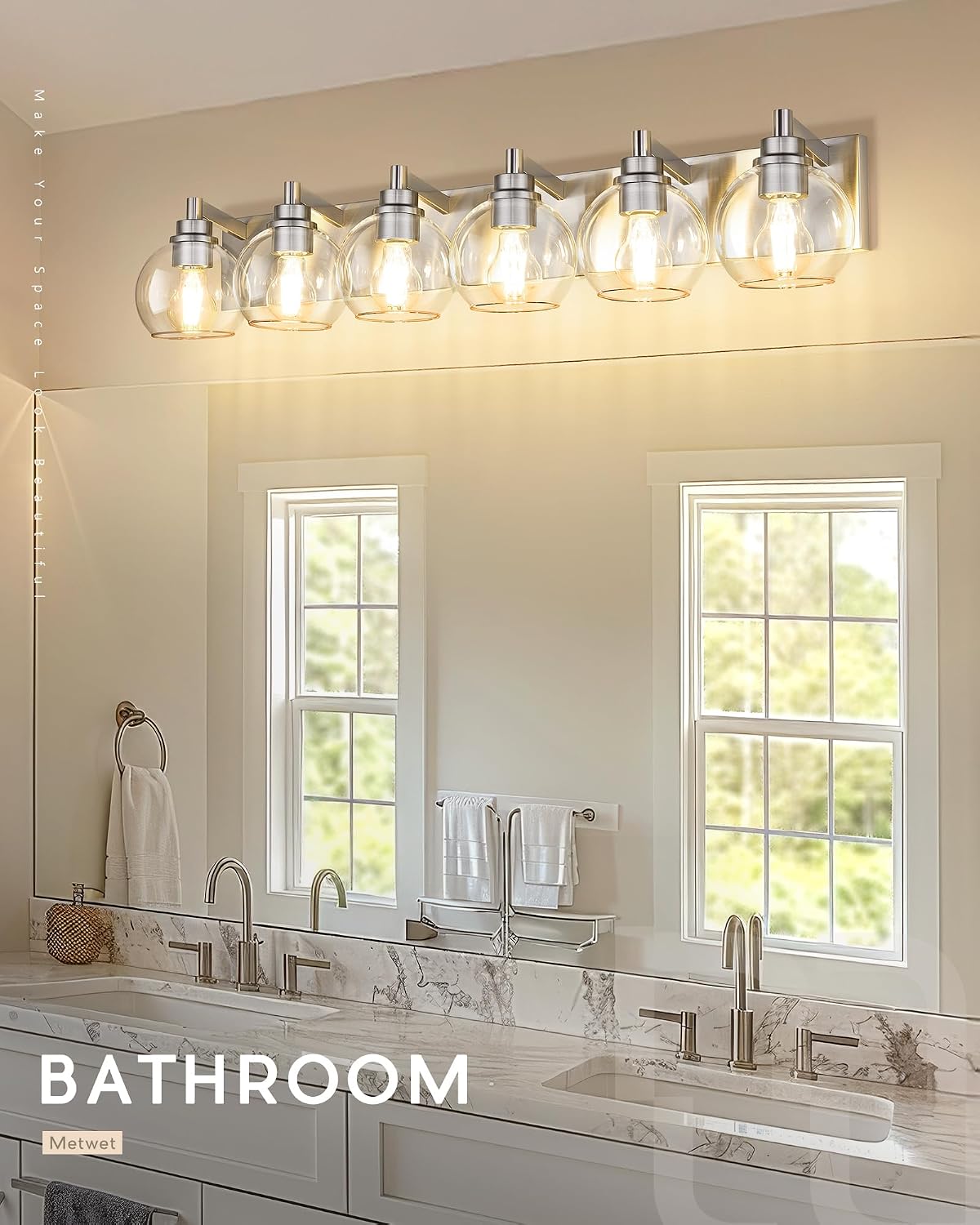 Bathroom Light Fixtures, 6 Light Brushed Nickel Vanity Light, 38 Inch Modern Wall Sconces with Globe Clear Glass Shade, Vanity Lighting Fixtures Over Mirror, VL195-BN-6