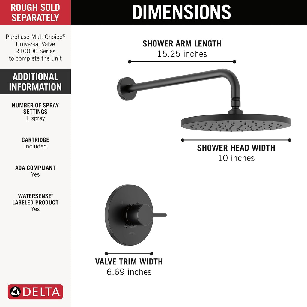 Delta Modern 14 Series Round Rain Shower Faucet Set, Matte Black Shower Head and Handle Set, Valve Trim Kit, Matte Black T14269-BL-PP (Valve Not Included)