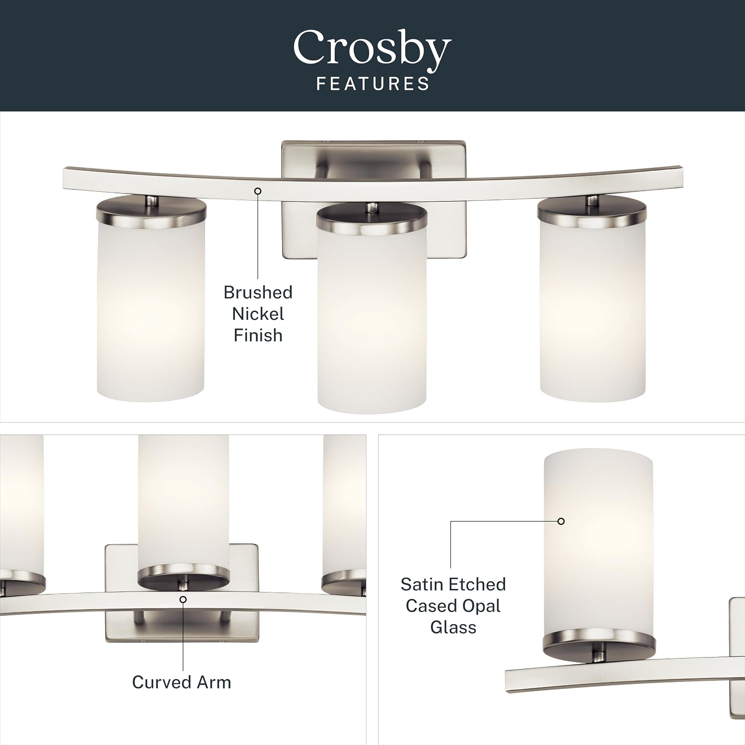 Kichler Crosby 23' Vanity Light in Brushed Nickel, 3-Light Contemporary Bathroom Light with Satin Etched Cased Opal Glass, (23' L x 8.75' H), 45497NI