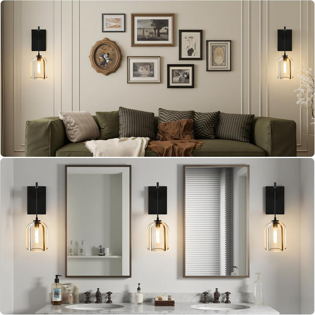 Crystal Brass Hemisphere Wall Sconce - Set of 2 Black Brushed Dimmable Sconces with Bulbs - Modern Hanging Light Decor - Luxury Indoor Lighting Fixture for Bedroom Living Room Bathroom Vanity Hallway