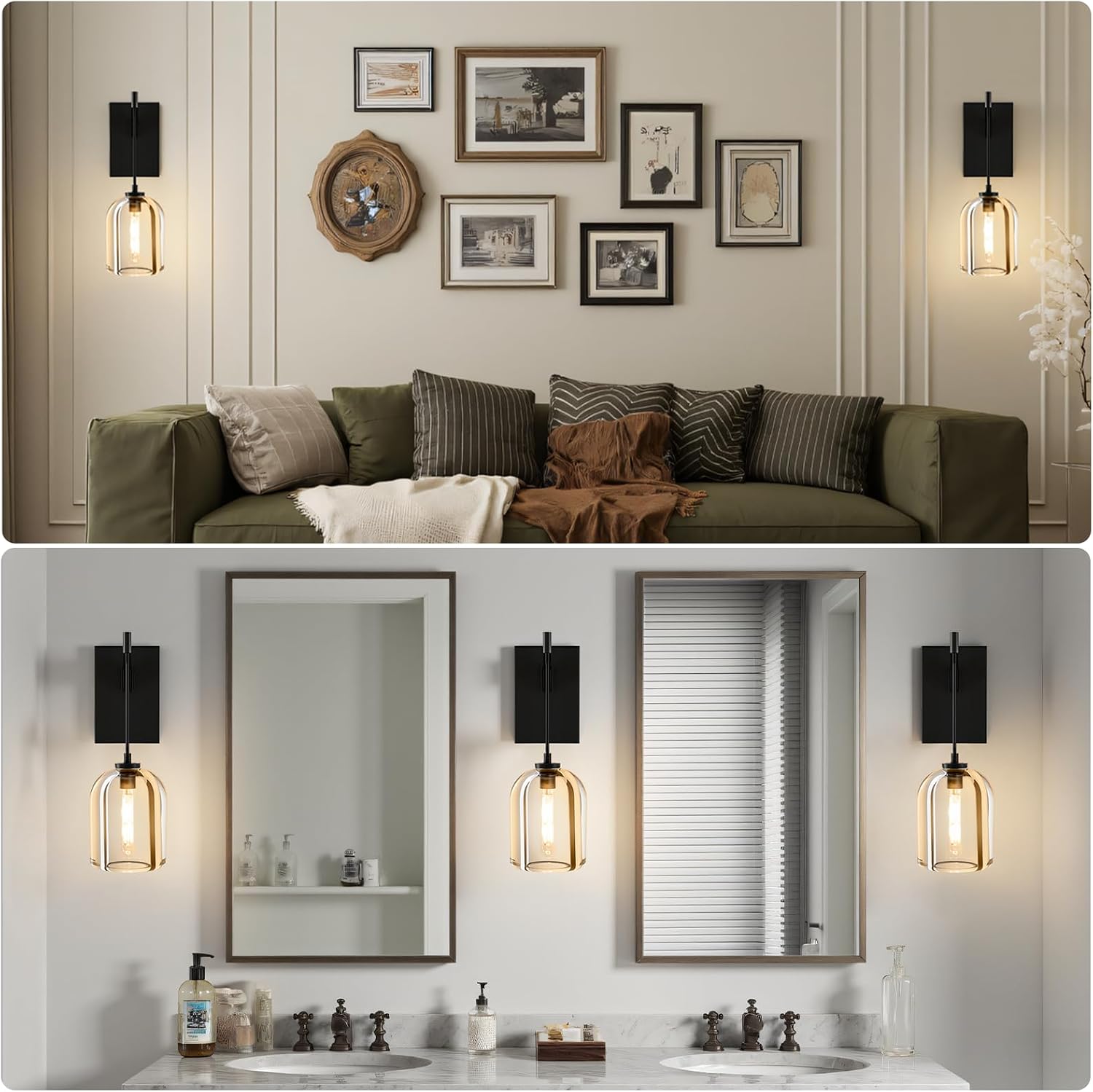 Crystal Brass Hemisphere Wall Sconce - Set of 2 Black Brushed Dimmable Sconces with Bulbs - Modern Hanging Light Decor - Luxury Indoor Lighting Fixture for Bedroom Living Room Bathroom Vanity Hallway