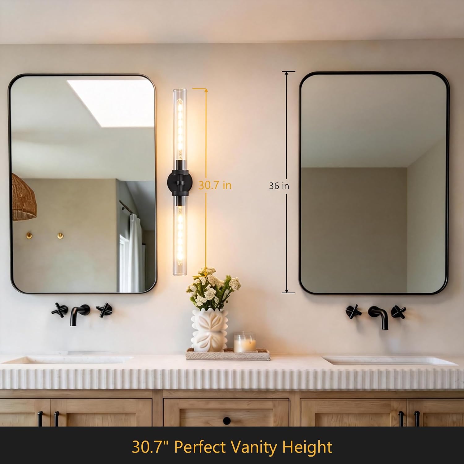 Bathroom Sconces Set of Two, 30 inch Black Wall Sconce with Tube Glass, Modern Vanity Sconces Lights for Bathroom,Bedroom,Living Room,Hallway, Staircase(E26 Bulb Include)
