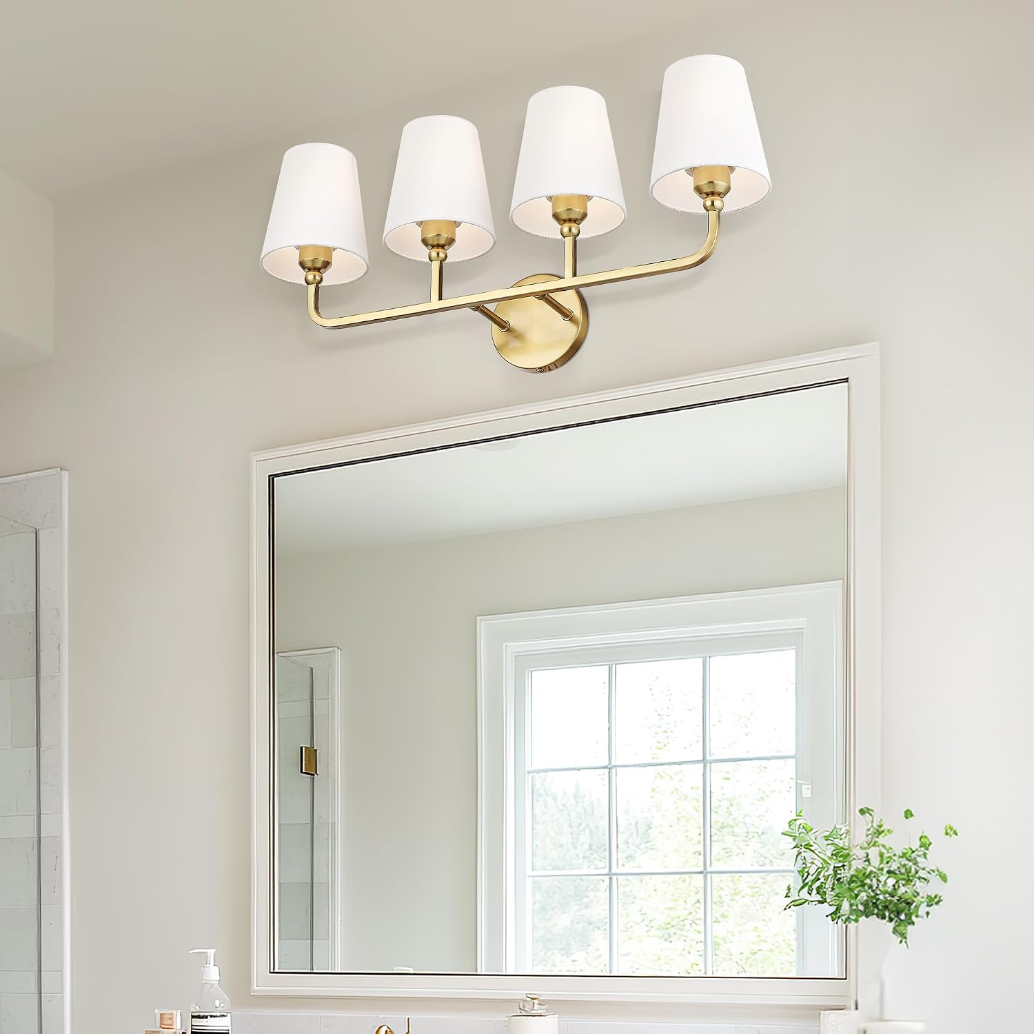 Bathroom Light Fixtures, 4 Light Brushed Gold Vanity Lights with Flared White Fabric Shade, 28 Inch Wall Sconce, Modern Sconces Wall Lighting for Hallway Bedroom, VL837-BG-4