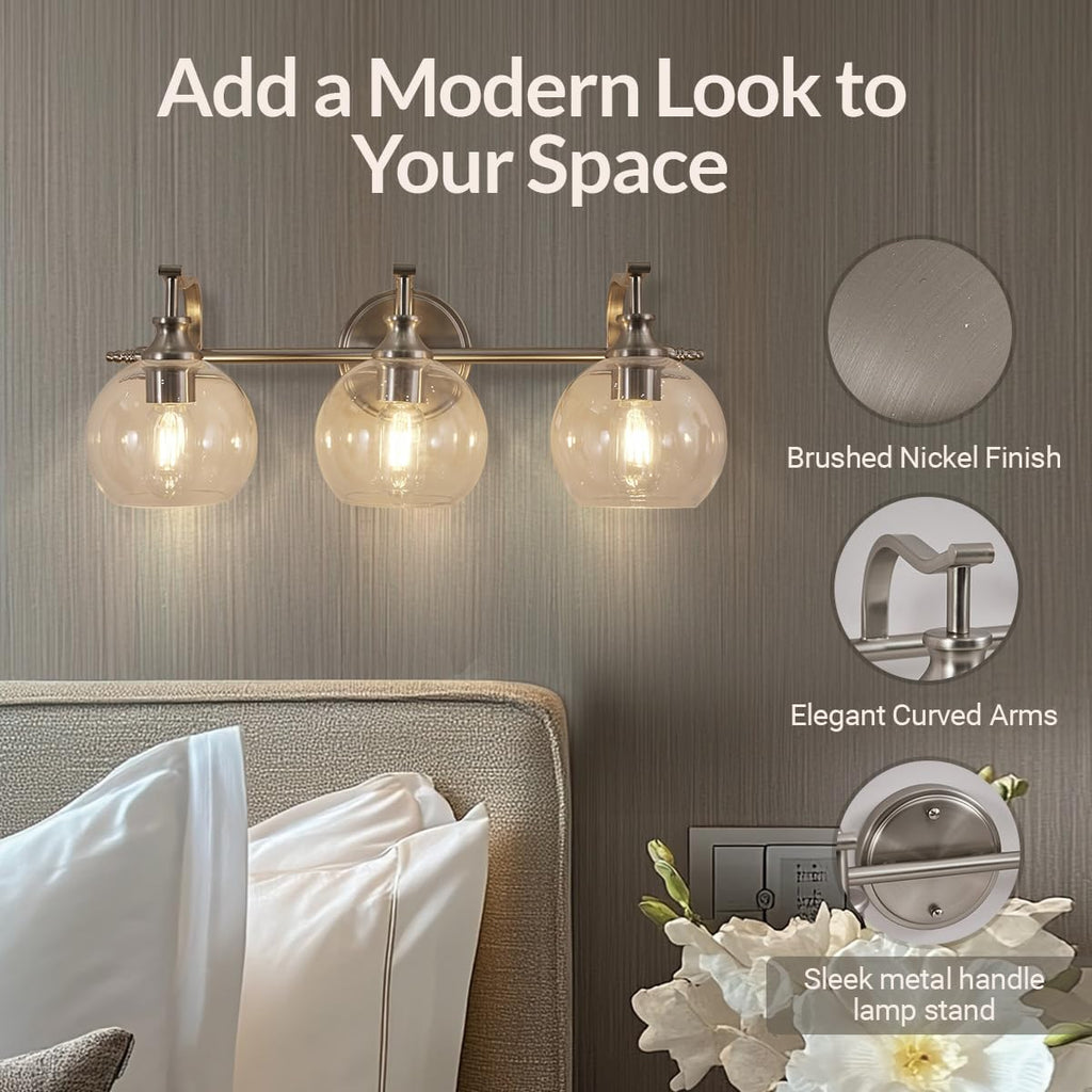 ANDY STAR 3 Light Bathroom Vanity Light, Brushed Nickel Bathroom Light Fixture, Modern Wall Sconces with Globe Clear Glass Shade, Wall Mounted Bathroom Light Over Mirror for Living Room, Foyer