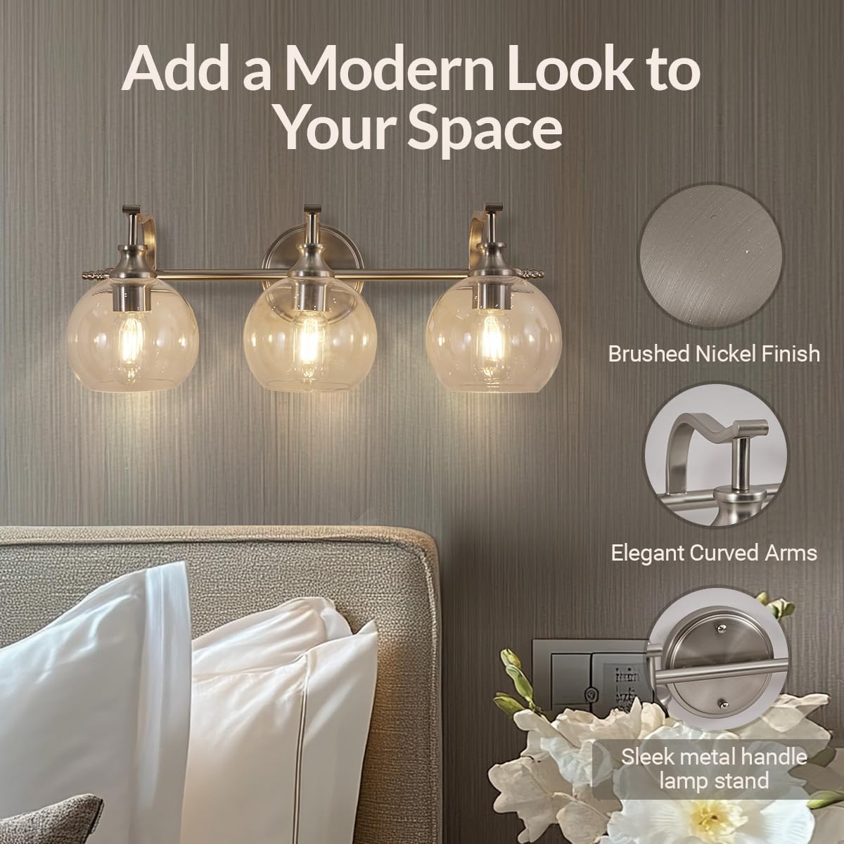 ANDY STAR 3 Light Bathroom Vanity Light, Brushed Nickel Bathroom Light Fixture, Modern Wall Sconces with Globe Clear Glass Shade, Wall Mounted Bathroom Light Over Mirror for Living Room, Foyer