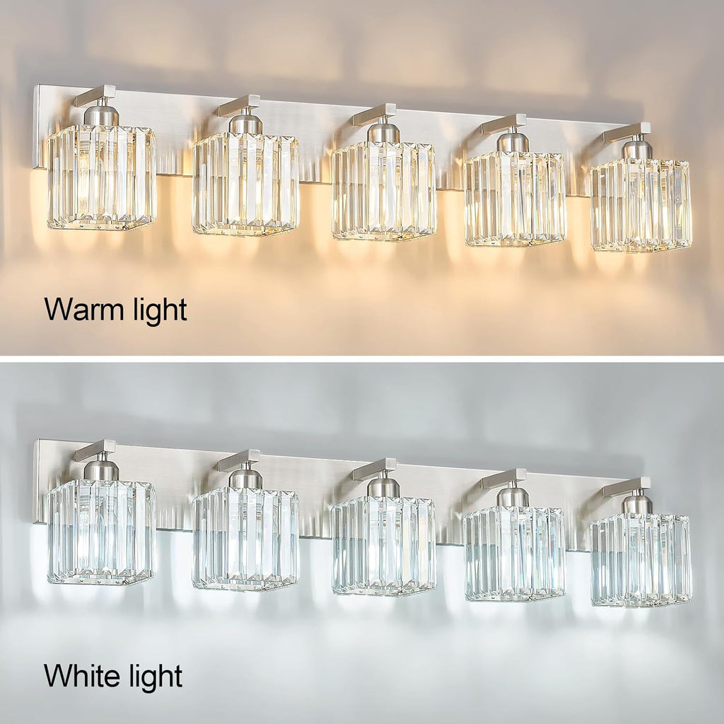Modern Vanity Light 5-Lights Brushed Nickel Vanity Light Crystal Bathroom Wall Light Bathroom Light Fixtures