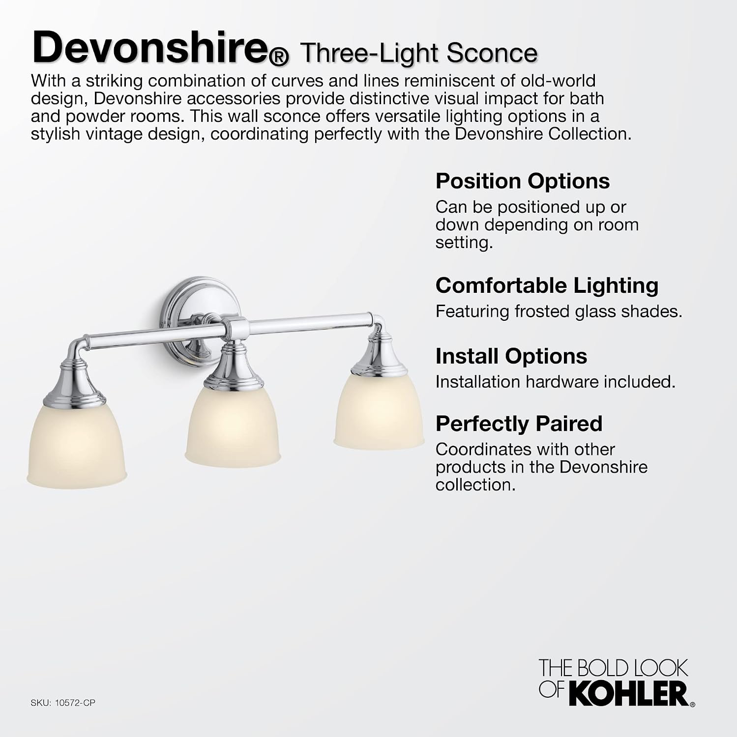 Kohler 10572-2GL Devonshire Bathroom Vanity Fixture, Wall Sconce Lighting, Position Facing Up or Down, UL Listed, 3, Brushed Modern Brass
