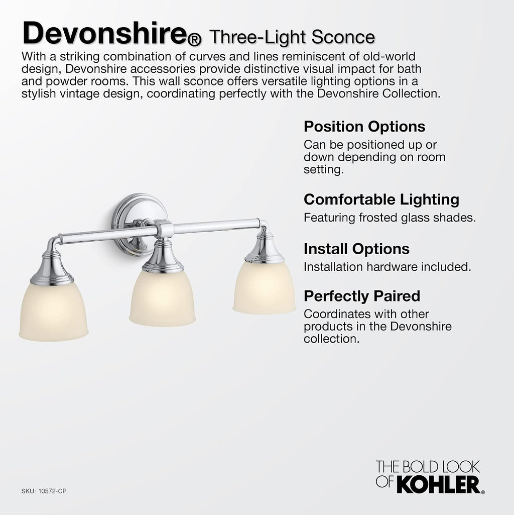 KOHLER Devonshire Bathroom Vanity Light Fixture, Wall Sconce Lighting, Position Facing Up or Down, UL Listed, 3 Light, Black with Brass Trim