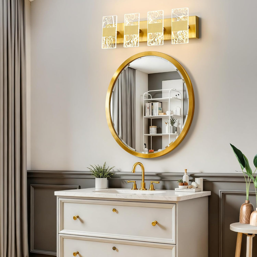 Modern LED Bathroom Light Fixtures Dimmable 4-Light Gold Vanity Light, 5CCT Adjustable Lighting Fixture Vanity Lights Over Mirror, Smoked Acrylic LED Vanity Lights for Bathroom