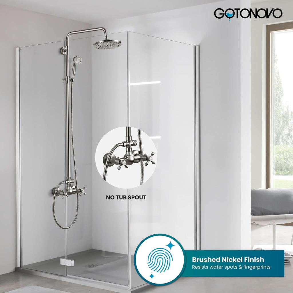 gotonovo Exposed Bathroom Shower Faucet Set Shower Fixture 8 Inch Rainfall Shower Head Handheld Shower Cross Handle Wall Mount 2 Functions Brushed Nickel