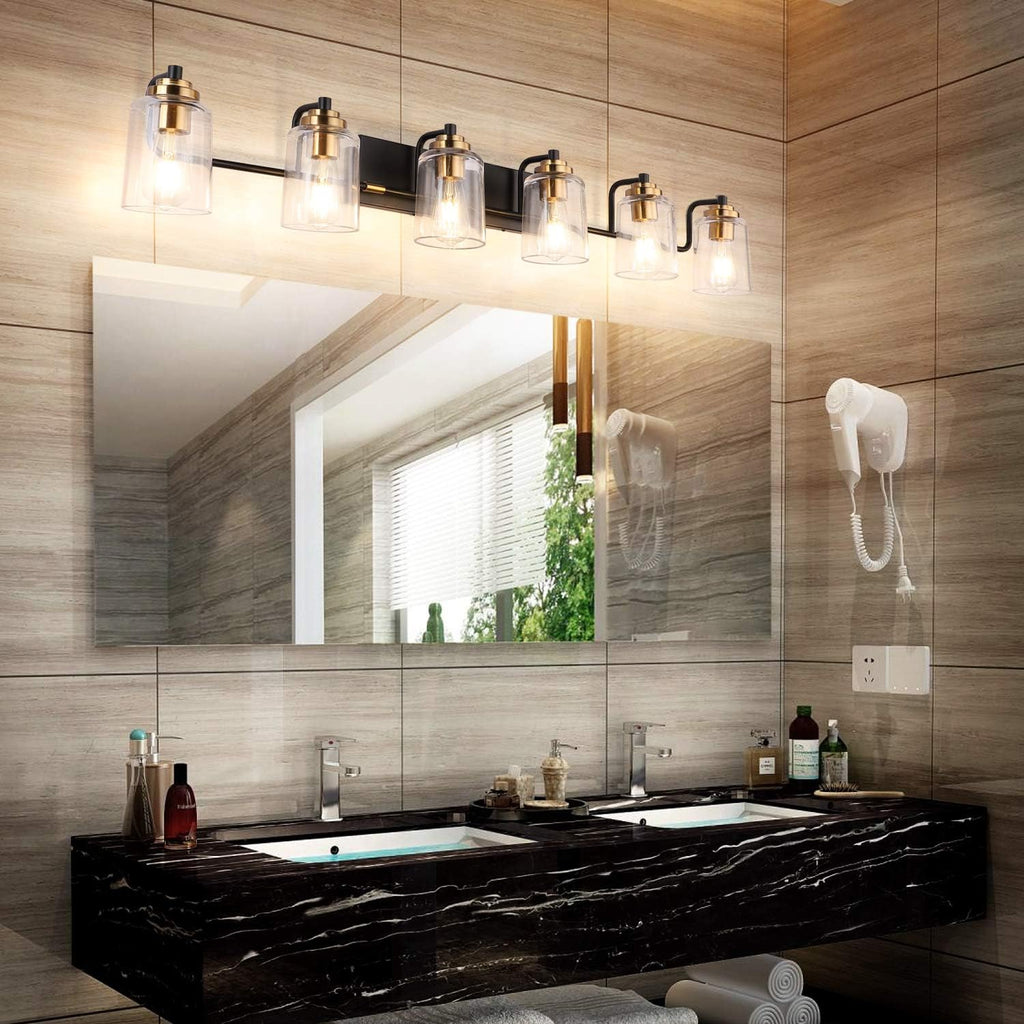 SOLFART Vintage Wall Vanity Lights for Bathroom Vanity Light 40 inch Black Globe Light Metal with Clear Glass Brass Fixtures Wall Mount Lighting Sconce 6 Light
