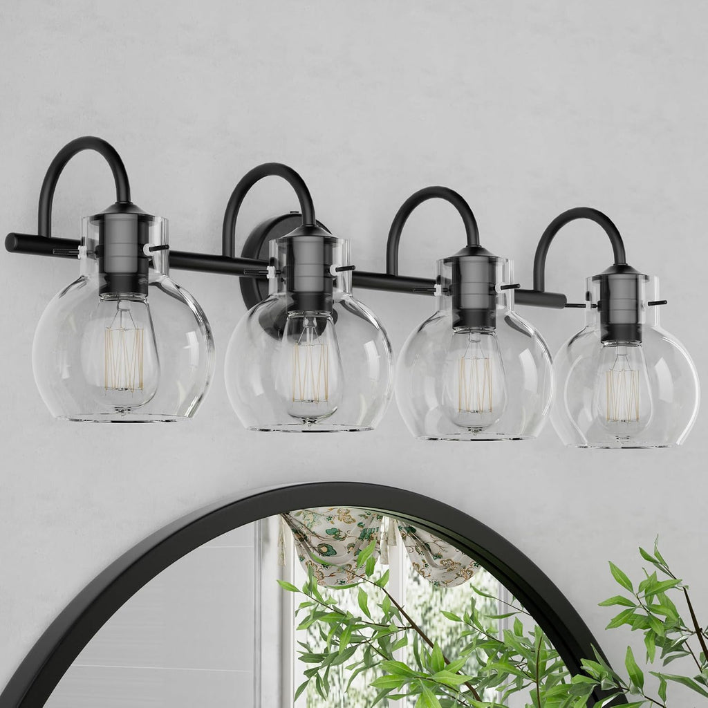 Matte Black Bathroom Vanity Light Fixtures, 4 Light Vanity Lighting Fixtures with Clear Glass Shade, E26 Base, UL Certification (Exclude Bulb)