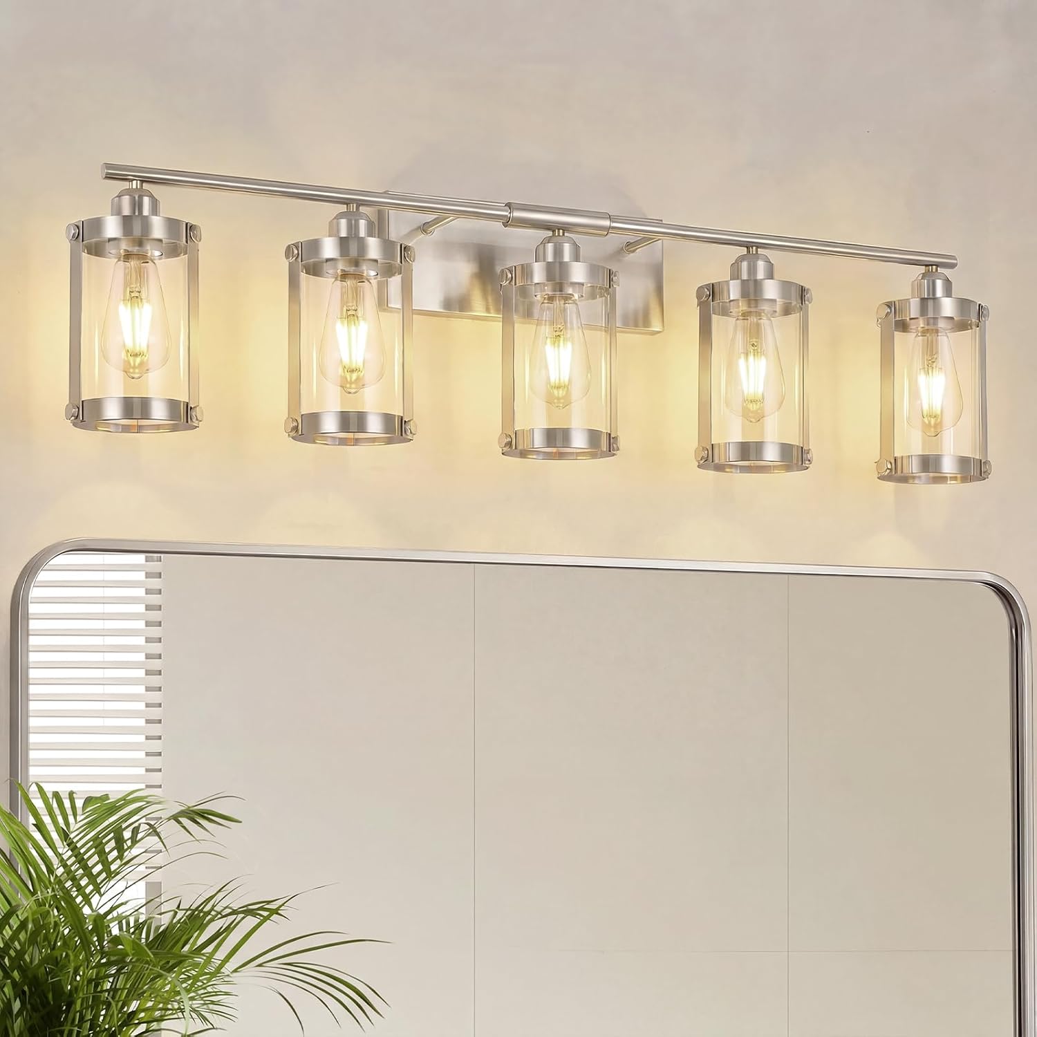 5-Light Brushed Nickel Bathroom Light Fixtures Over Mirror with Clear Glass and Metal Cage Shade, 38' UL-Listed Modern Farmhouse Wall Sconce for Bath, Hardwire E26, OS-3014BN-5W