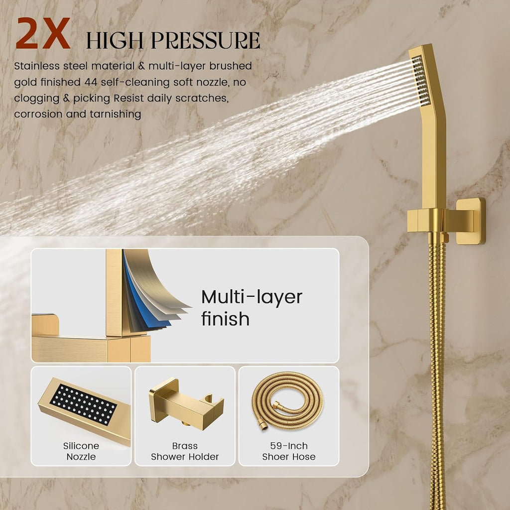 Longriver S200 Shower Faucet Set, Shower System Bathroom High Pressure 10 Inches Rainfall Shower Head with Handheld Spray, Wall Mounted Shower Fixtures with Shower Valve and Trim Kit, Brushed Gold