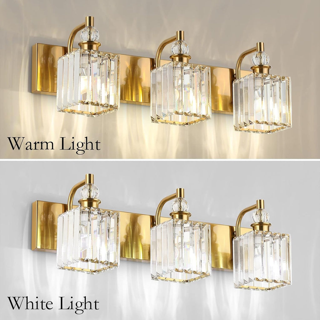 Ralbay Crystal Bathroom Vanity Lights 3-Lights 24'' Modern Crystal Gold Bathroom Lighting Fixtures Over Mirror