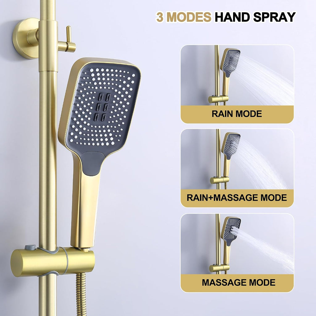 Shower Systems with 12 x8 Inches Rain Shower Head,Brushed Gold Exposed Pipe Shower System,3 Functions Tub Shower Faucet Sets,Overhead Shower System with Handheld