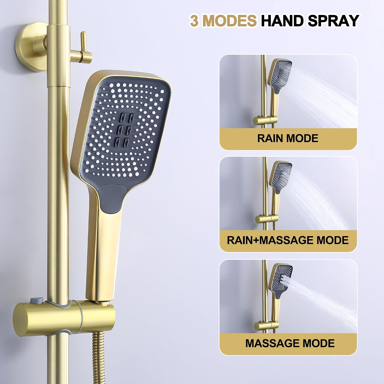 Shower Systems with 12 x8 Inches Rain Shower Head,Brushed Gold Exposed Pipe Shower System,3 Functions Tub Shower Faucet Sets,Overhead Shower System with Handheld