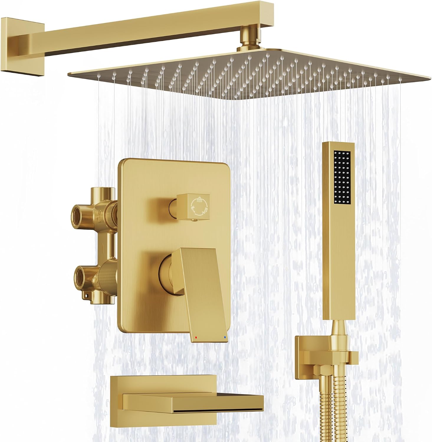 Kurpot Brushed Gold Shower System, All Metal Gold Shower Faucet Set with Tub Spout, 10'' Gold Shower Head with Handheld, 59'' Shower Hose, Shower Valve and Diverter, Wall Mounted Bath Tub Faucet Set