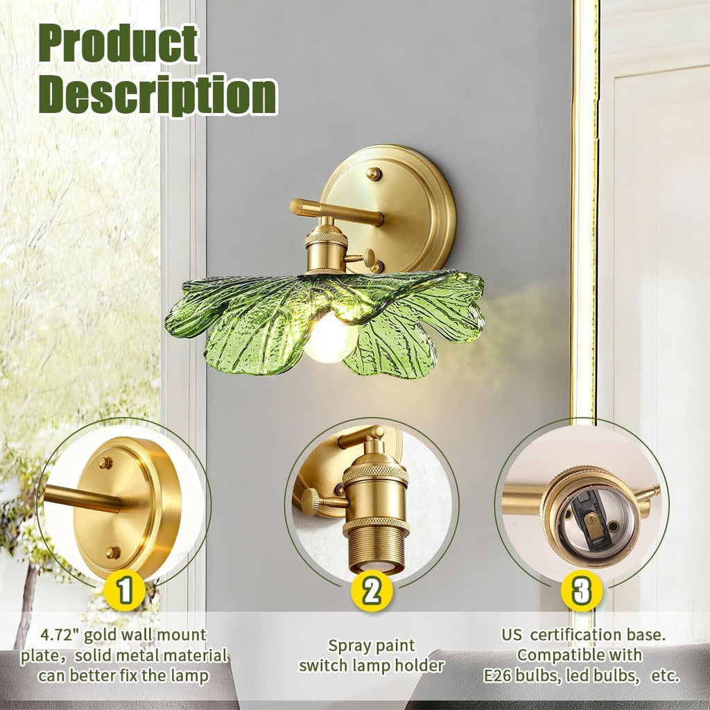 Green Glass Sconce 2 Light Leaf Bathroom Vanity Light Mid Century | Vintage Wall Sconces Set of 2 Gold Wall Lamp, E26 Brass Base, Vanity Light fixtures, Living Room Hallway Entryway