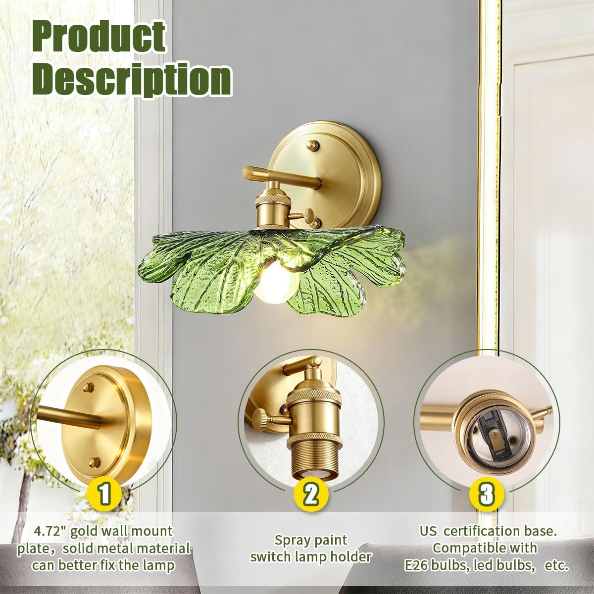 Green Glass Sconce 2 Light Leaf Bathroom Vanity Light Mid Century | Vintage Wall Sconces Set of 2 Gold Wall Lamp, E26 Brass Base, Vanity Light fixtures, Living Room Hallway Entryway