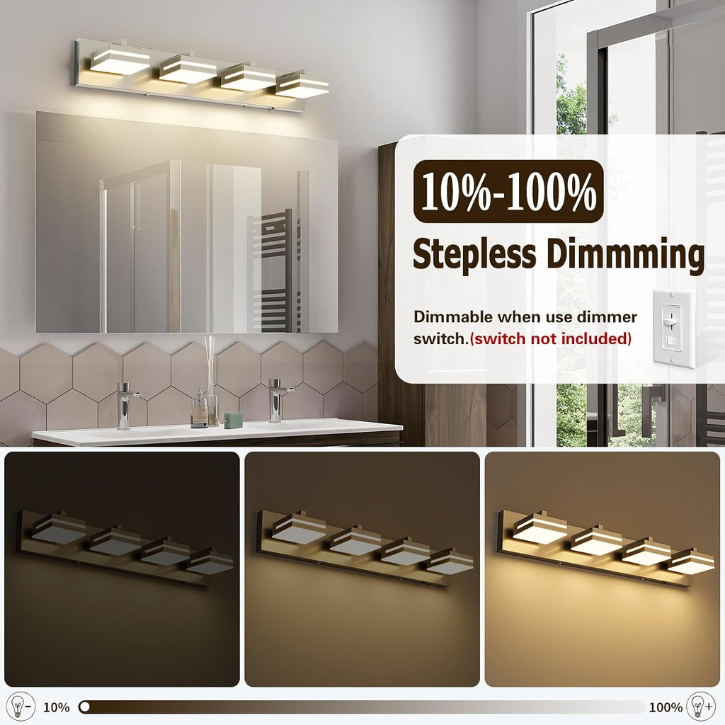 Joossnwell Bathroom Vanity Light Brushed Nickel Bathroom Lighting Fixture Over Mirror Modern (4-Light, 26.77-Inch) Dimmable 5CCT Led Bath Vanity Lighs