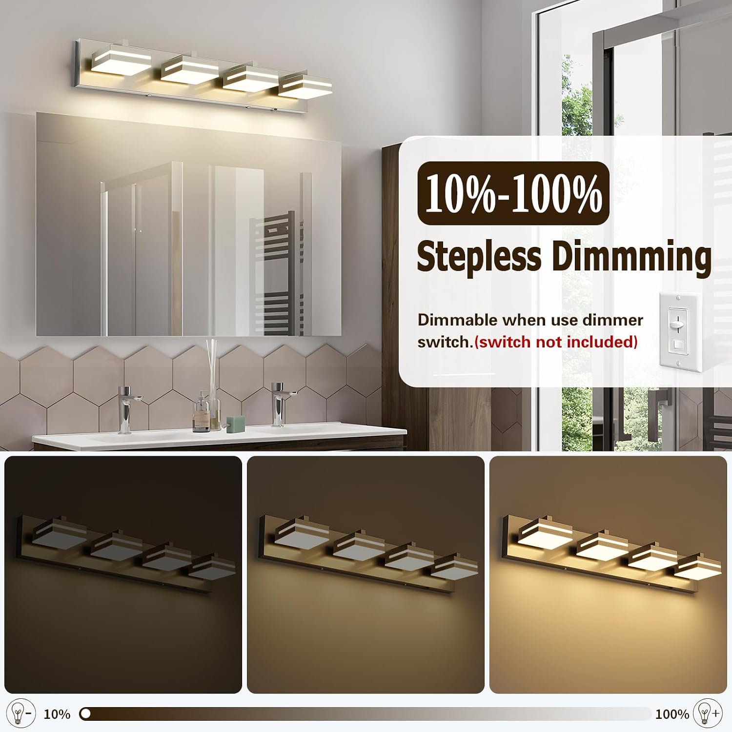 Joossnwell Bathroom Vanity Light Brushed Nickel Bathroom Lighting Fixture Over Mirror Modern (4-Light, 26.77-Inch) Dimmable 5CCT Led Bath Vanity Lighs