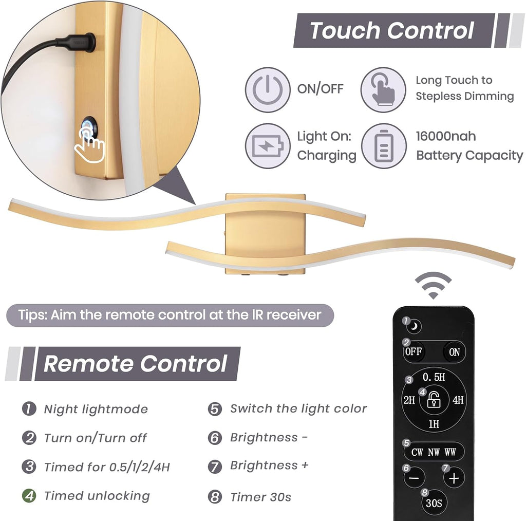 Modern LED Wall Sconce Set of Two, Battery Powered Wall Sconces Set of 2 with Timer, Gold Wall Light with Remote, LED Wall Lamp Indoor not Hardwired for Bathroom Living Room Bedroom Corridor