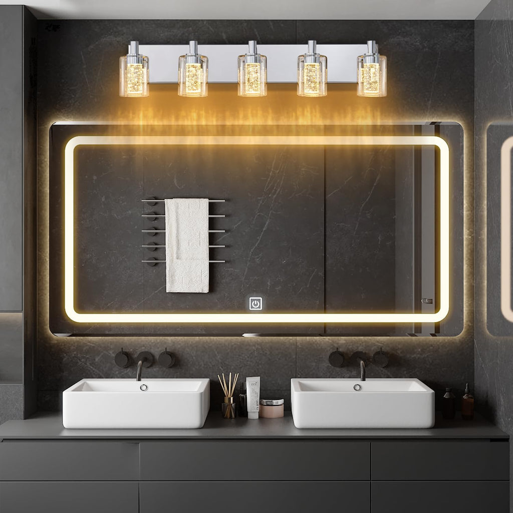 SineRise Vanity Light with 3 Color Modes (3000K/4000K/6000K), Eye Protection LED Bathroom Light Fixture, Dimmable Modern Wall Light Over Mirror with Clear Glass Shade (Chrome, 5-Light)