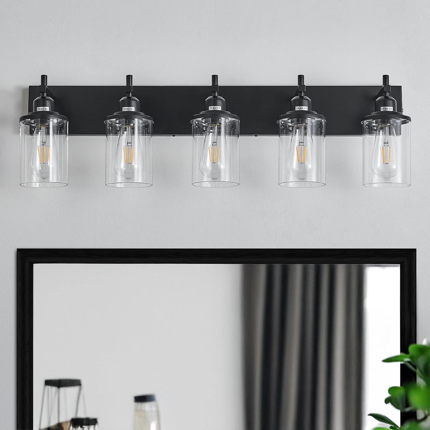 Lanhall 5-Light Black Bathroom Light Fixture Over Mirror Modern Farmhouse Bathroom Vanity Light Vintage Wall Lighting with Clear Glass Shade for Bathroom, Bedroom, Hallway, Cabinet