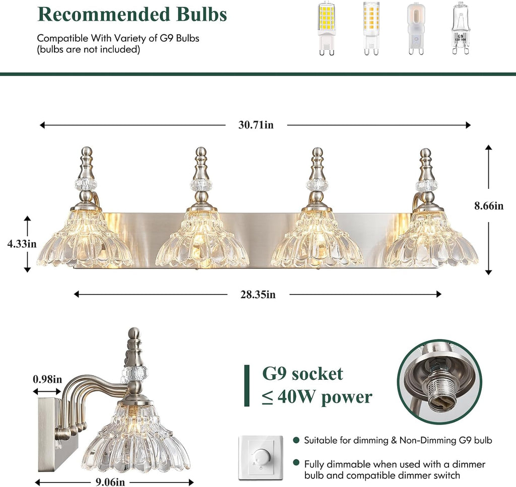 Vintage Bathroom Vanity Light, 4-Light Brushed Nickel Vanity Lighting Fixture with Flower Glass Shade, Bathroom Lighting Fixtures Over Mirror